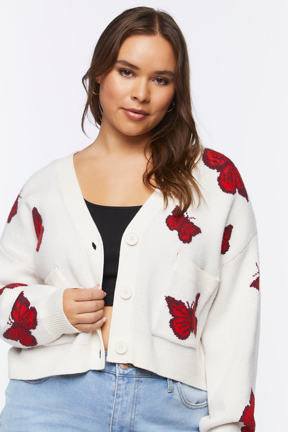 Plus Size Butterfly Cardigan Sweater White