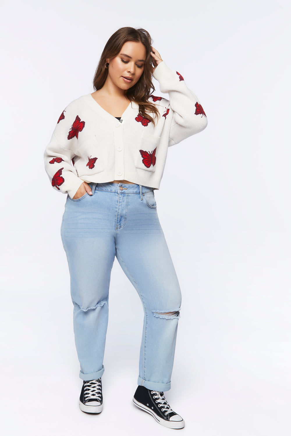 Plus Size Butterfly Cardigan Sweater White