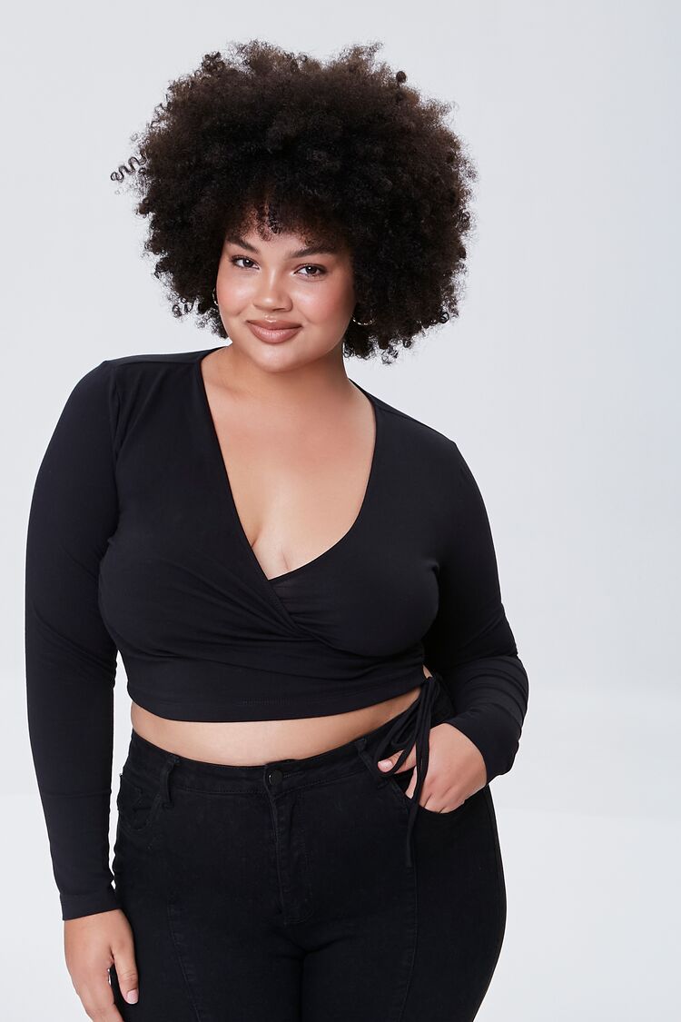 Plus Size Wrap Crop Top Black