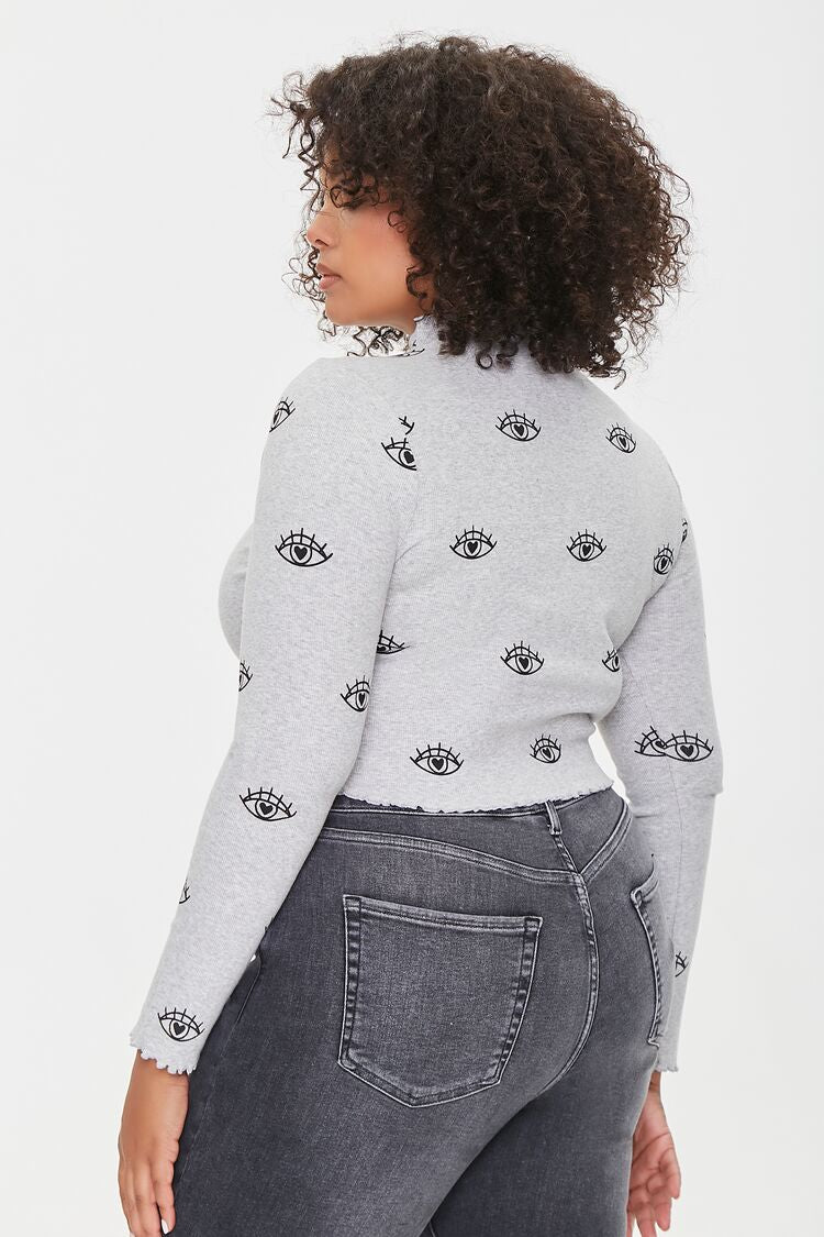 Plus Size Heart Eye Print Top Heather Grey