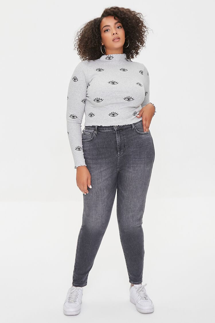 Plus Size Heart Eye Print Top Heather Grey