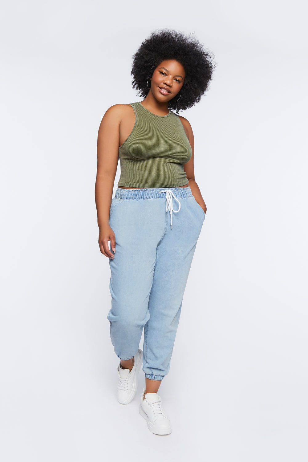 Plus Size Denim Drawstring Joggers Light Denim Blue