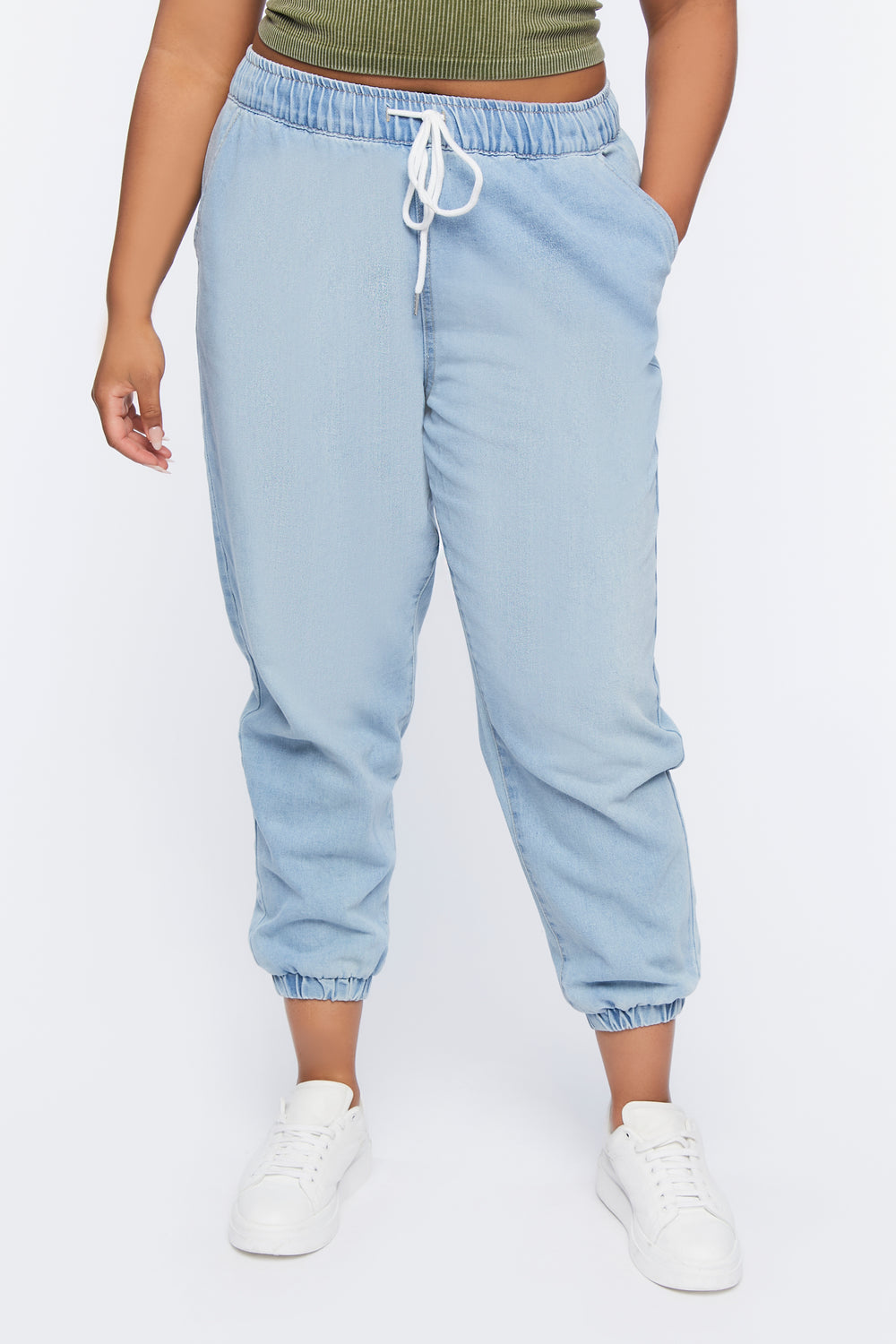 Plus Size Denim Drawstring Joggers Light Denim Blue