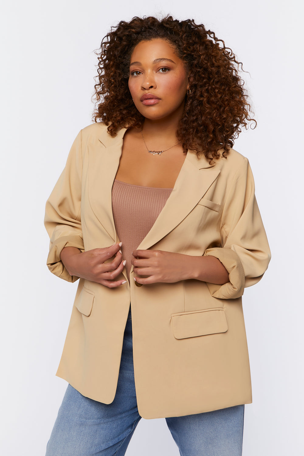 Plus Size Peak Lapel Blazer Camel