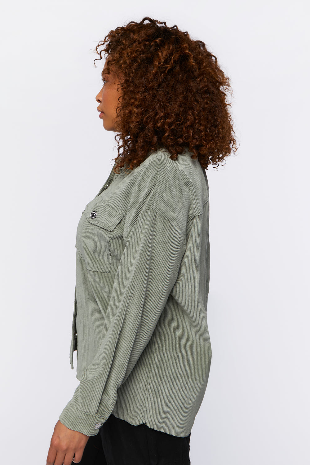 Plus Size Corduroy Shacket Dark Green