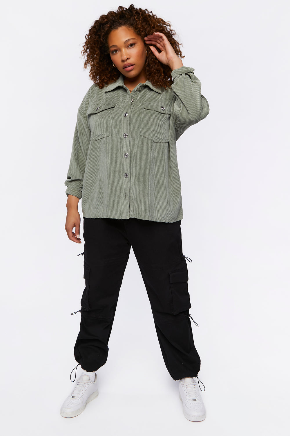 Plus Size Corduroy Shacket Dark Green