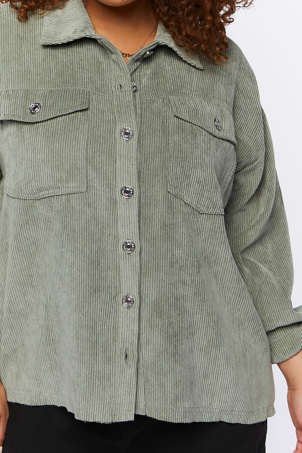 Plus Size Corduroy Shacket Dark Green