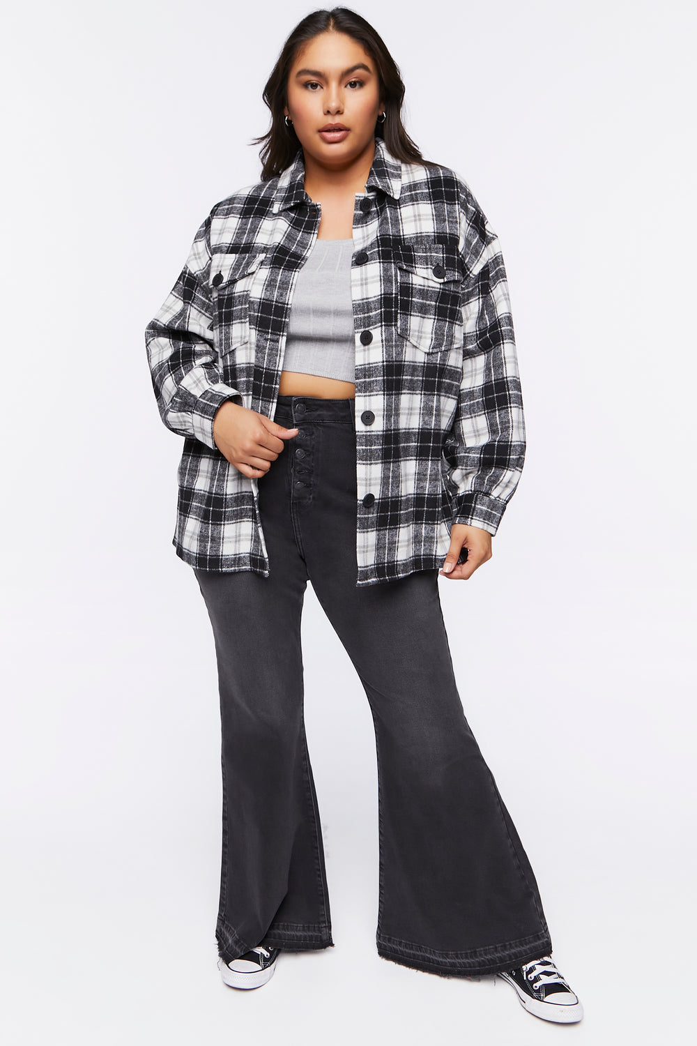 Plus Size Plaid Buttoned Shacket Black