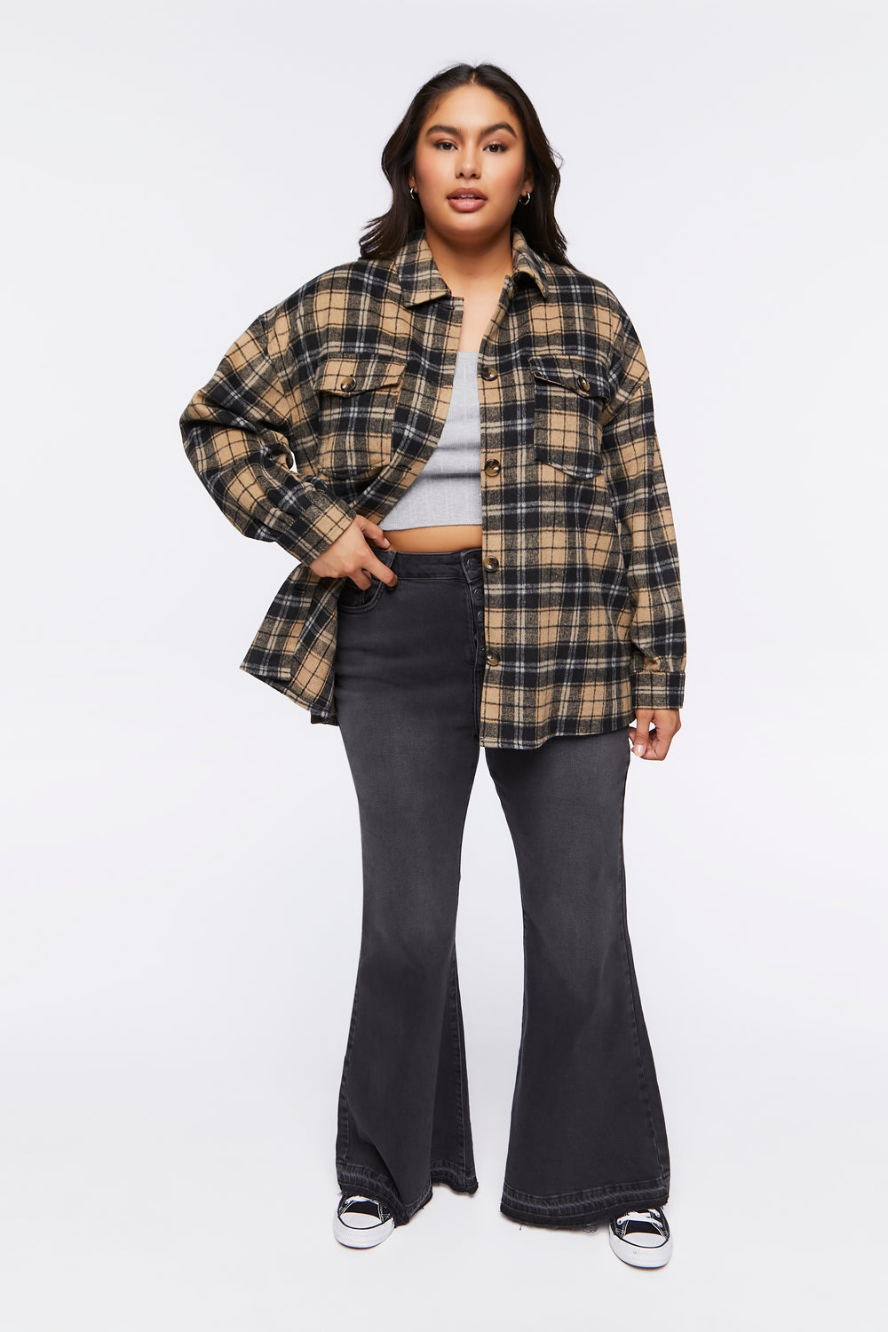 Plus Size Plaid Buttoned Shacket Cream