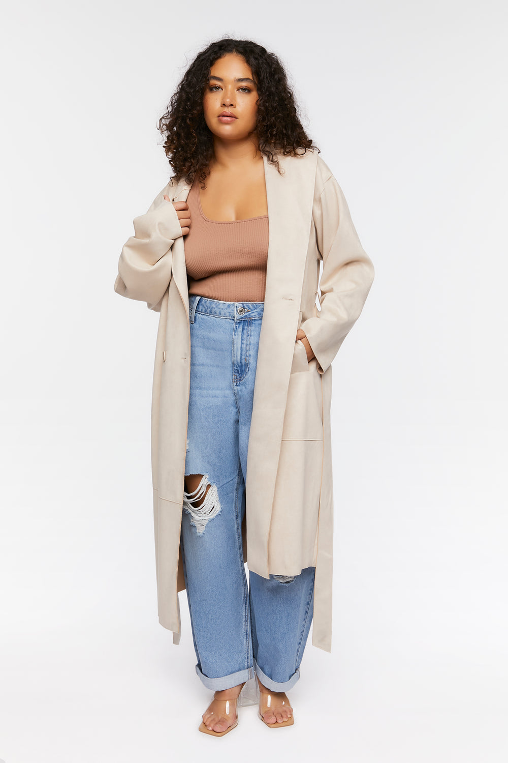 Plus Size Faux Suede Trench Coat Beige