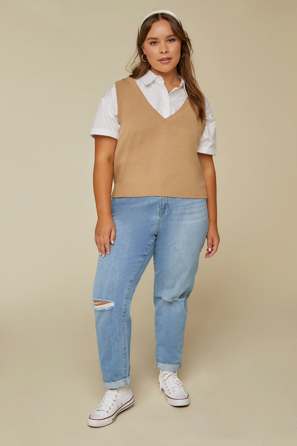 Plus Size Ribbed-Trim Sweater Vest Brown