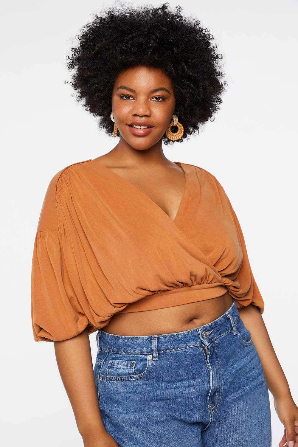 Plus Size Draped Surplice Crop Top Brown