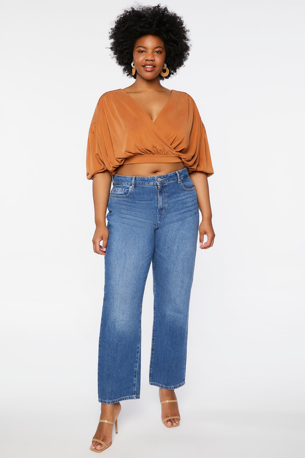 Plus Size Draped Surplice Crop Top Brown