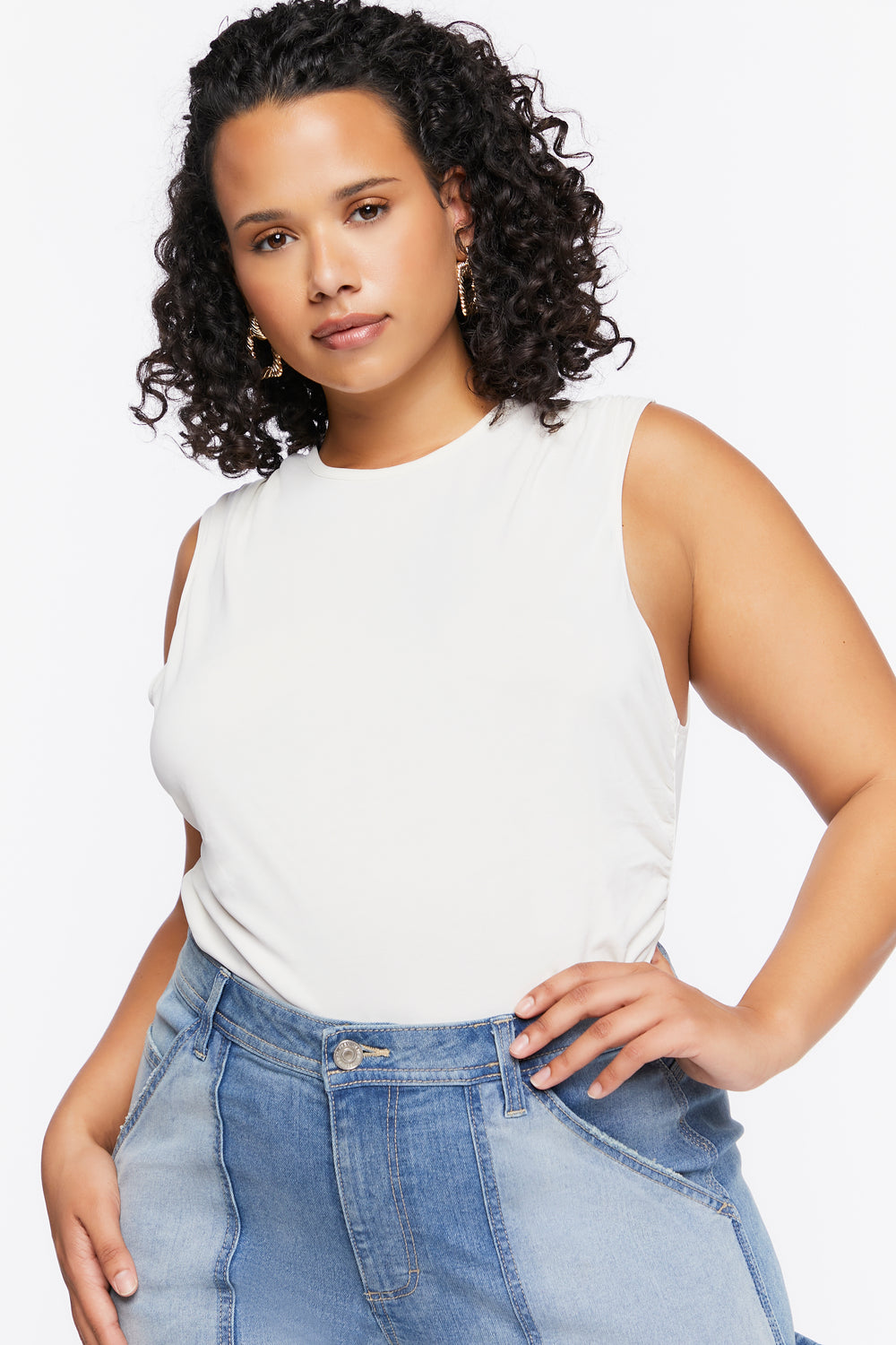 Plus Size Sleeveless Ruched Top White