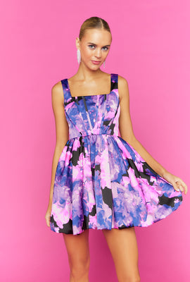 Link to Floral Bubble-Hem Mini Dress Black