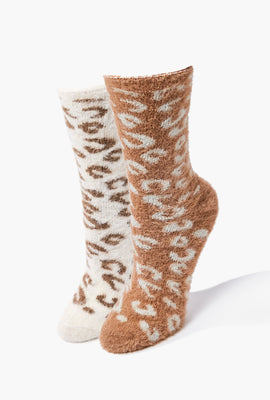 Link to Fuzzy Knit Leopard Crew Socks Taupe