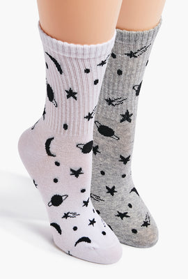 Link to Outer Space Print Crew Socks White