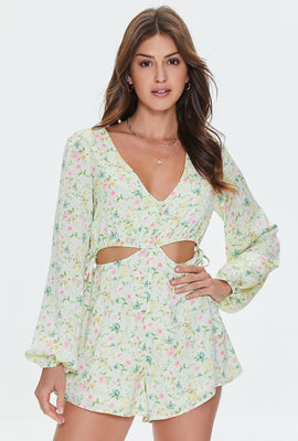 Link to Floral Print Cutout Romper Green