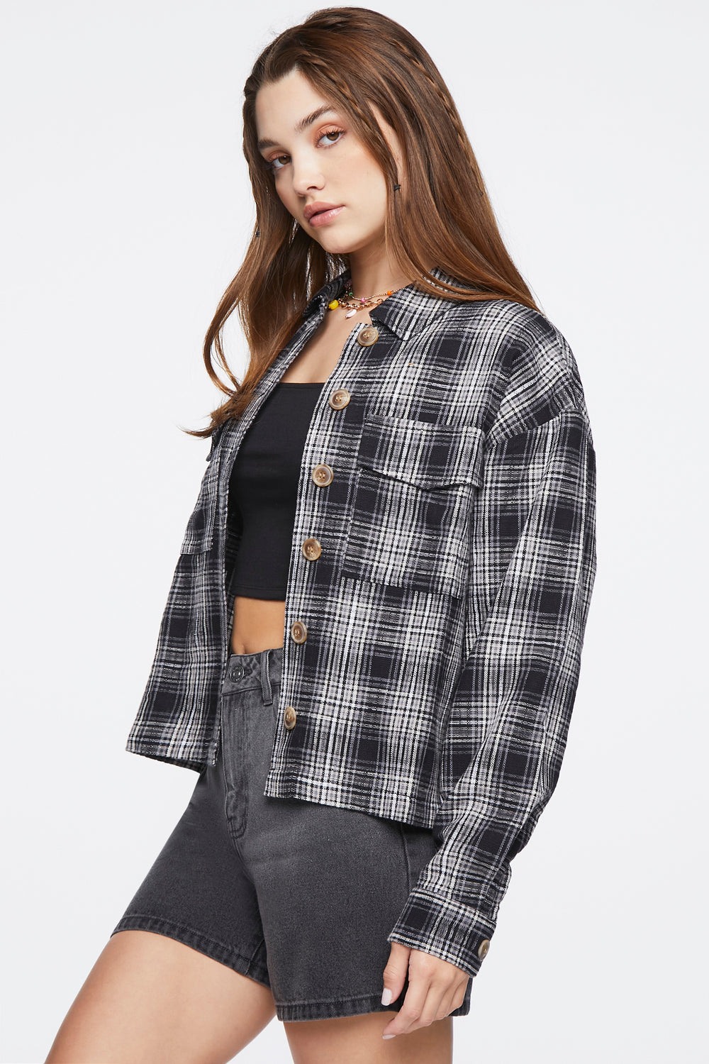 Plaid Button-Front Shacket Black