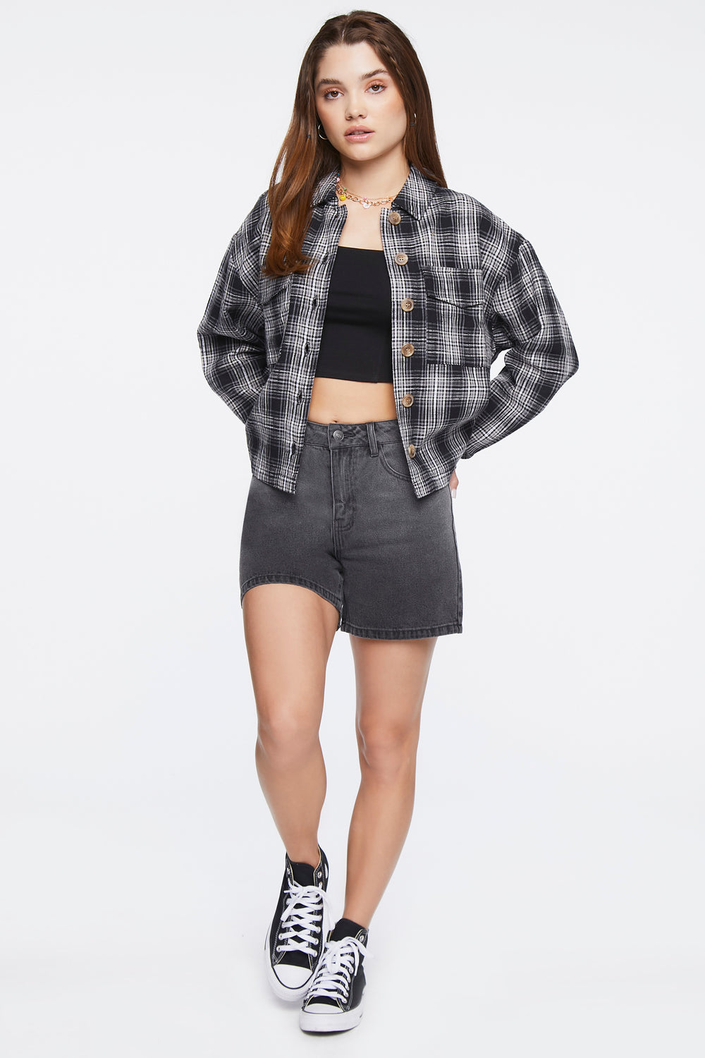 Plaid Button-Front Shacket Black