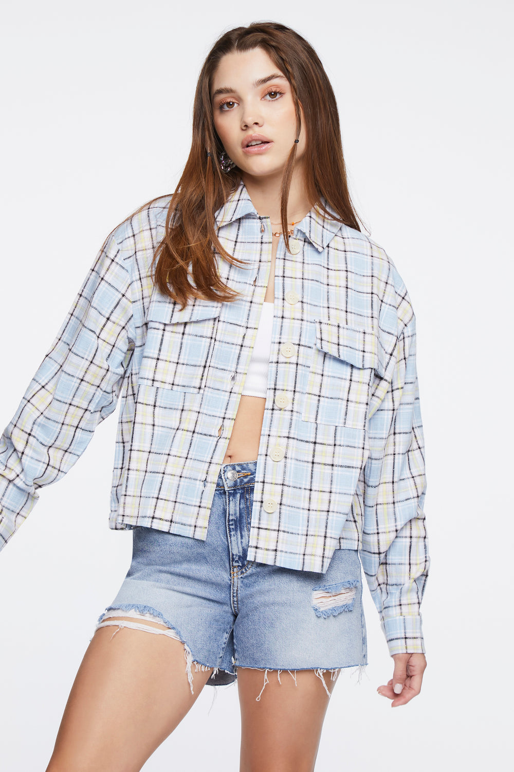 Plaid Button-Front Shacket Light Blue