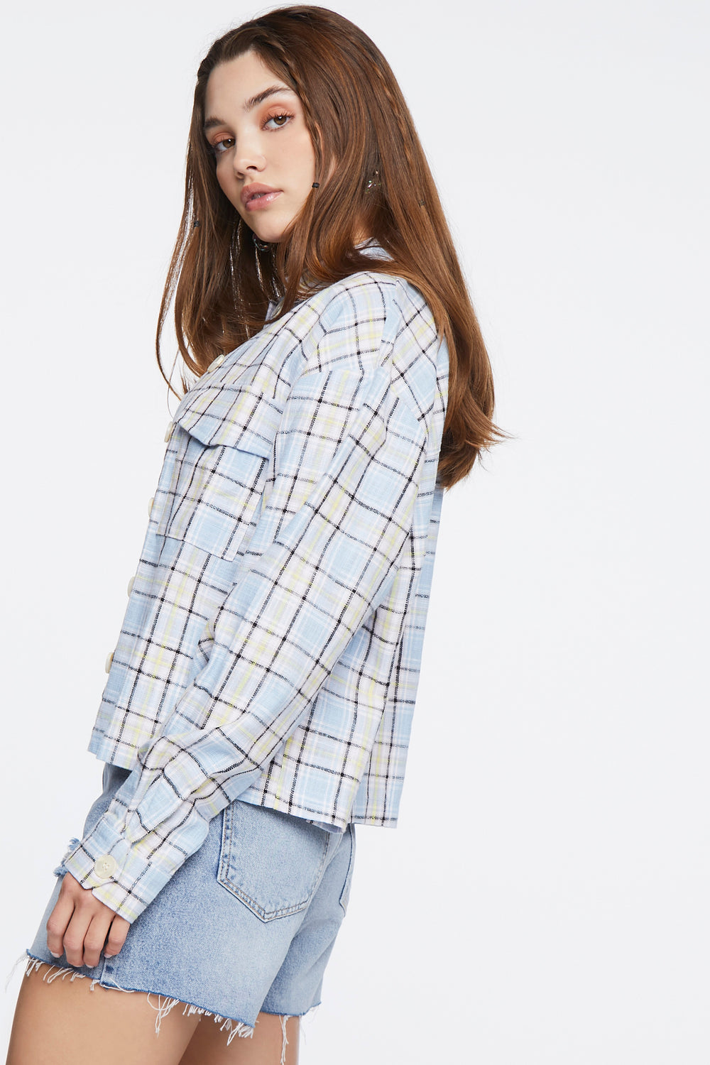 Plaid Button-Front Shacket Light Blue