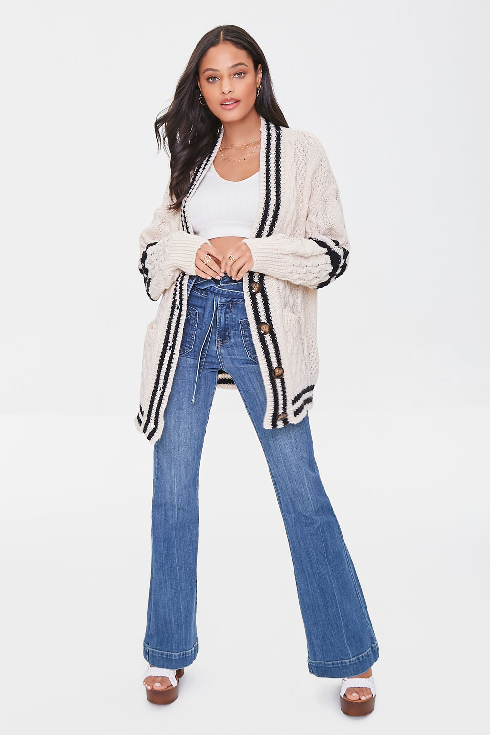 Varsity-Striped Cardigan Sweater Cream