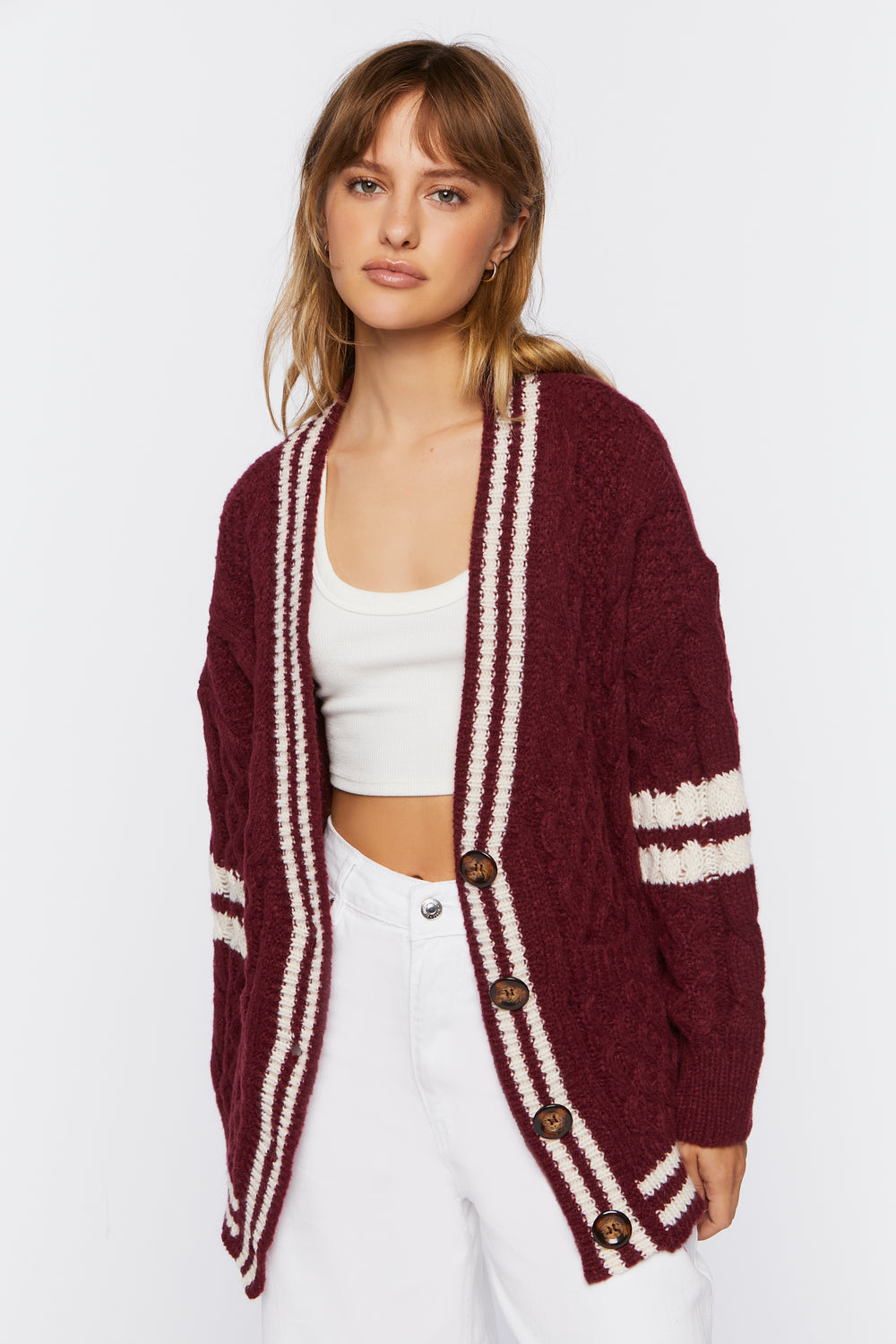 Varsity-Striped Cardigan Sweater Burgundy