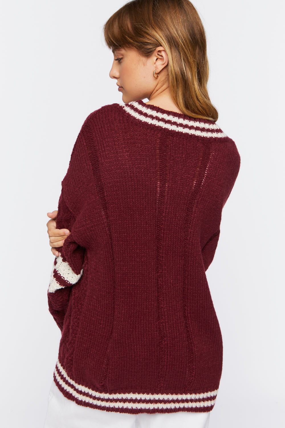Varsity-Striped Cardigan Sweater Burgundy