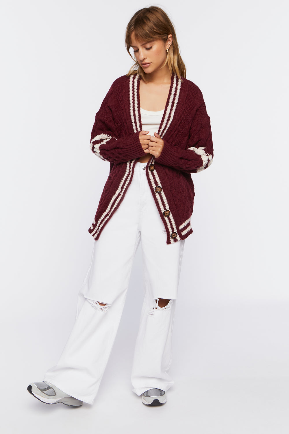 Varsity-Striped Cardigan Sweater Burgundy