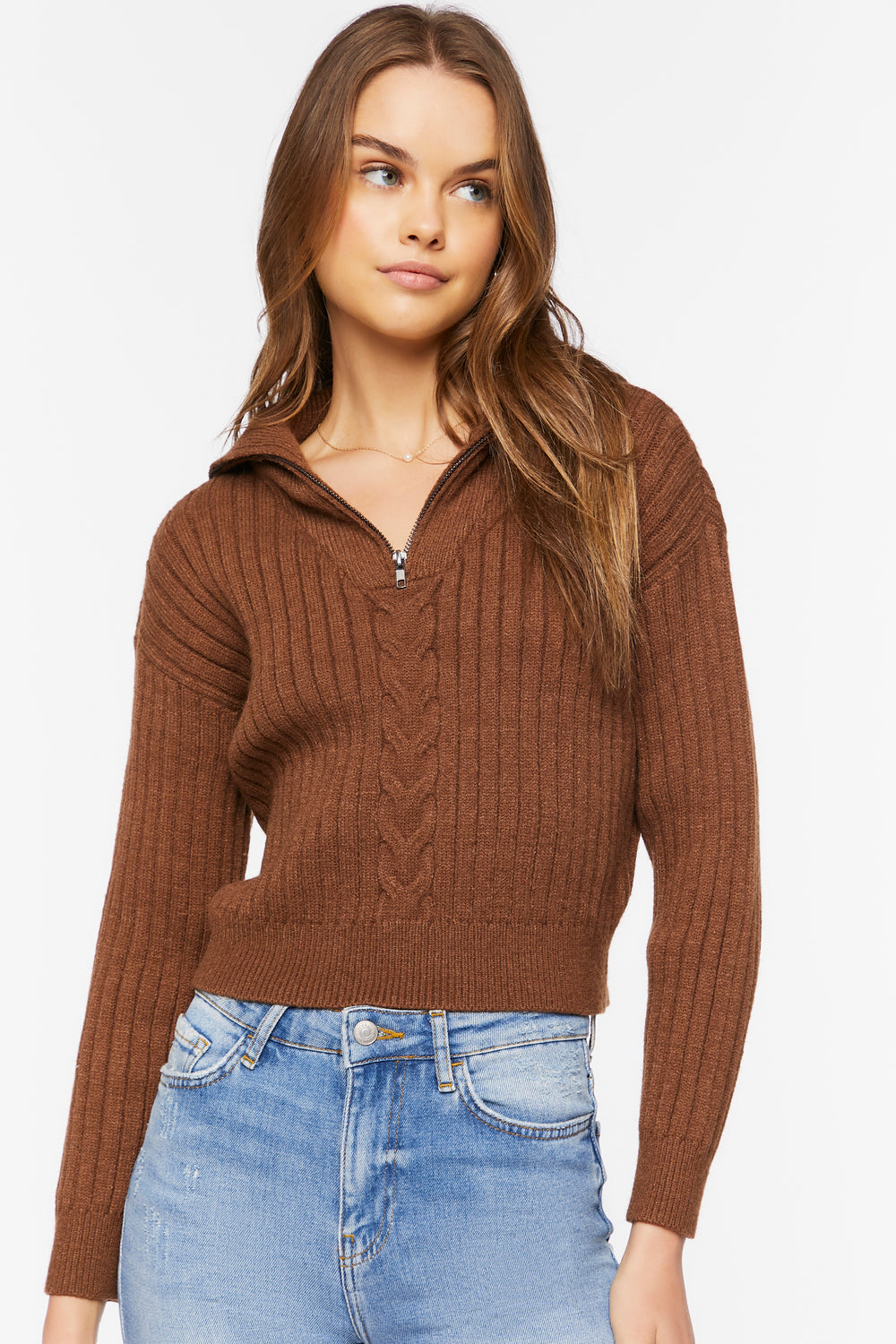 Ribbed Half-Zip Sweater Brown