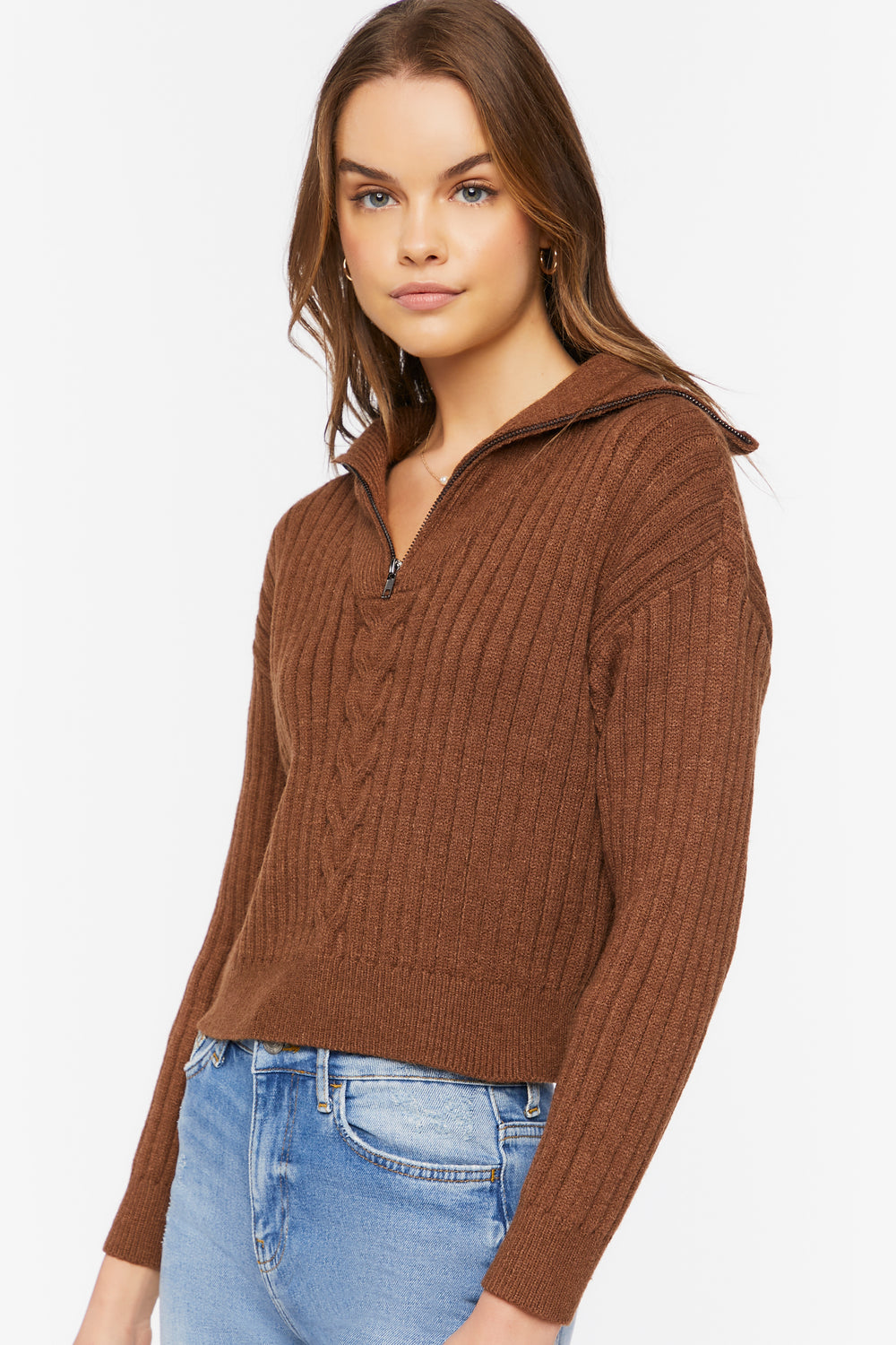 Ribbed Half-Zip Sweater Brown