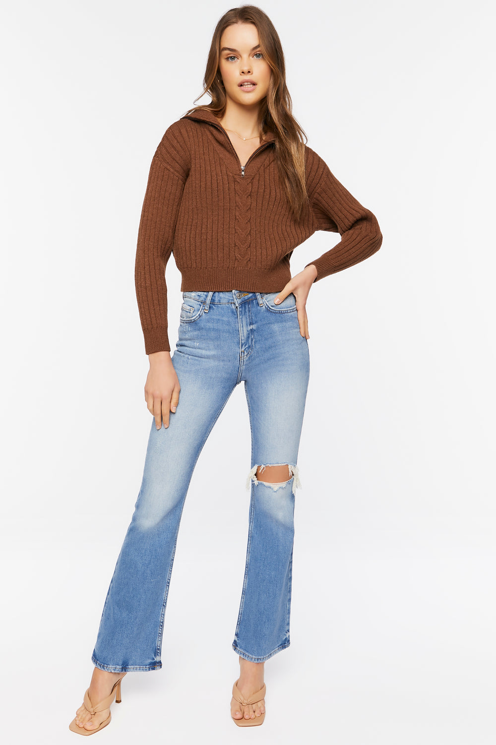 Ribbed Half-Zip Sweater Brown