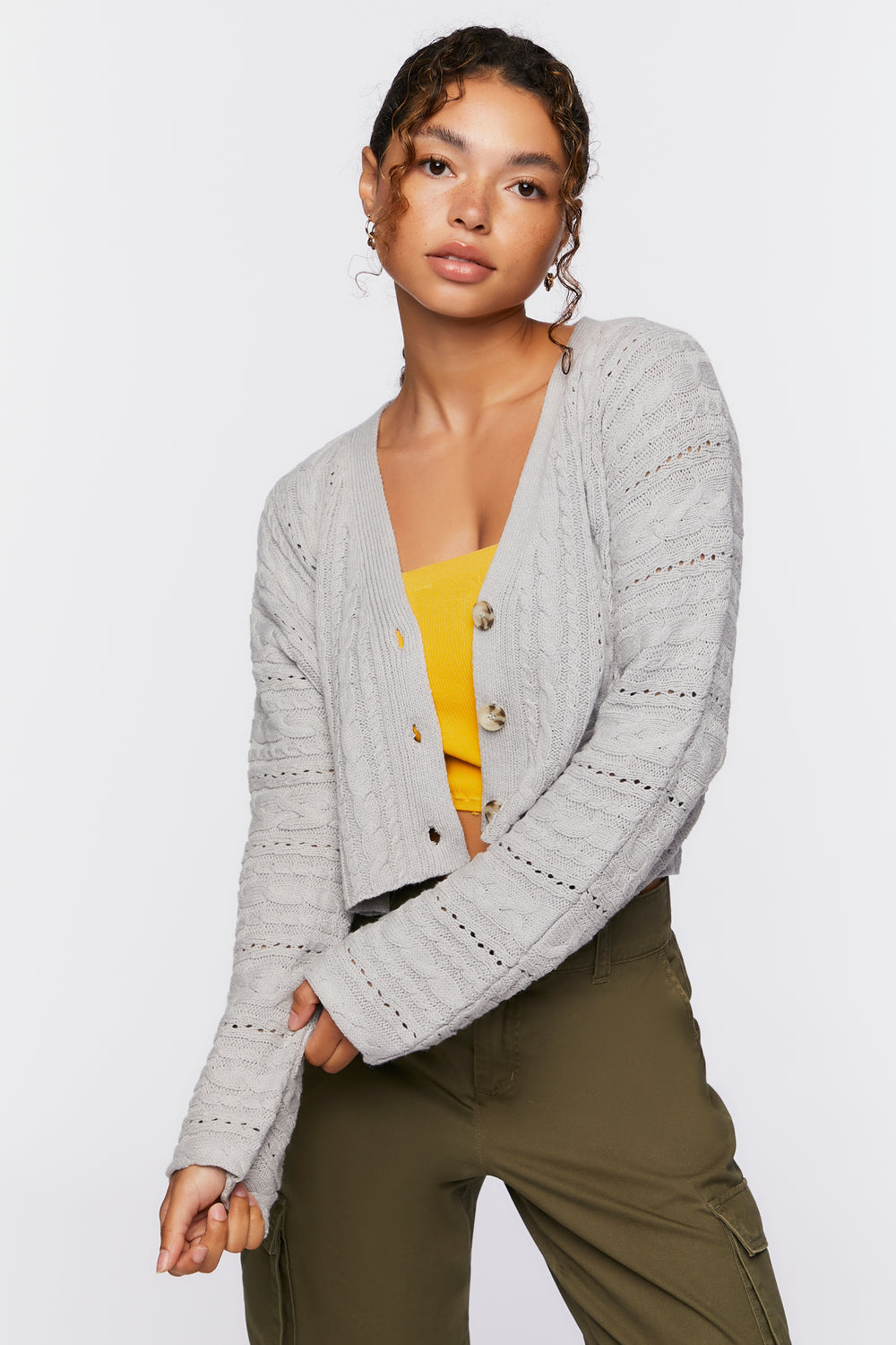 Cable Knit Cardigan Sweater Heather Grey