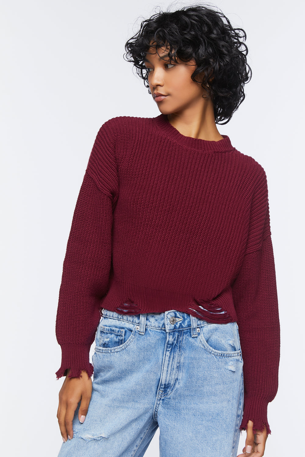 Distressed Drop-Sleeve Sweater Burgundy