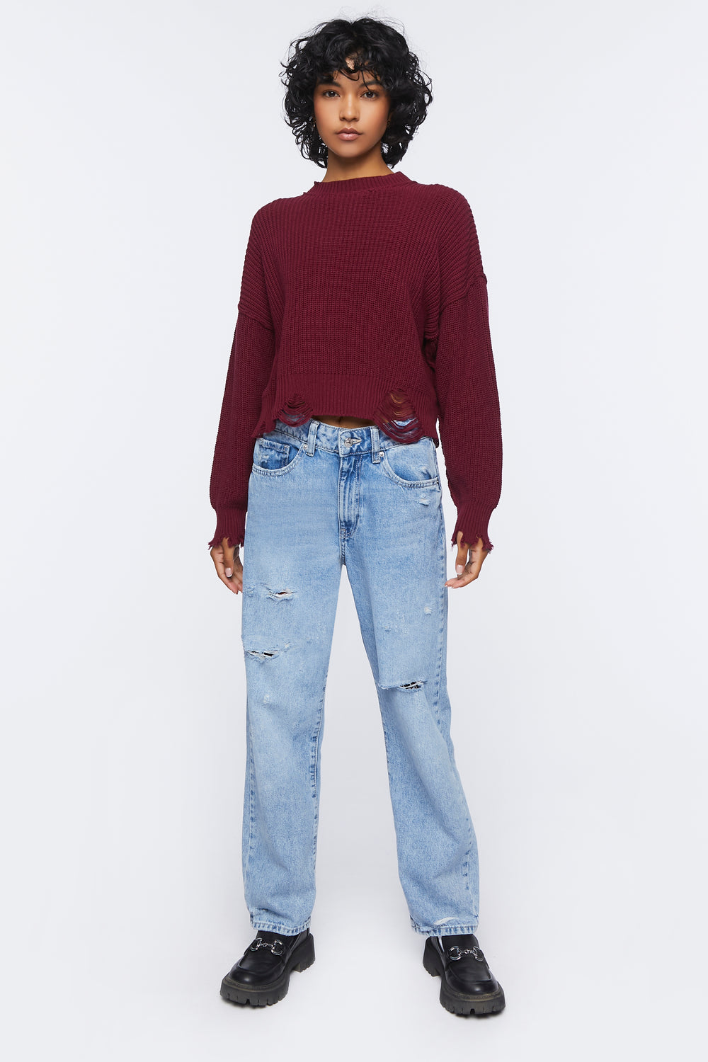 Distressed Drop-Sleeve Sweater Burgundy