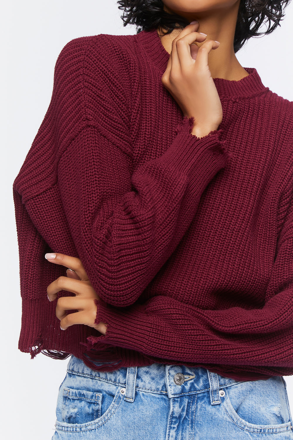 Distressed Drop-Sleeve Sweater Burgundy