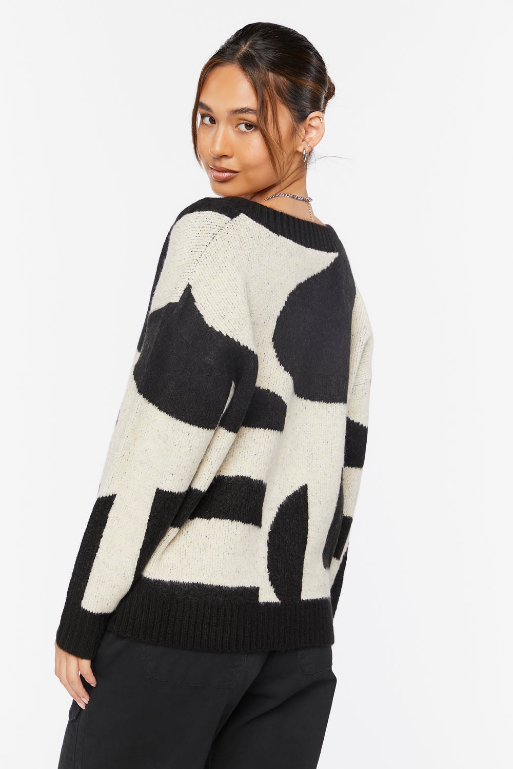 Abstract Print V-Neck Sweater Beige