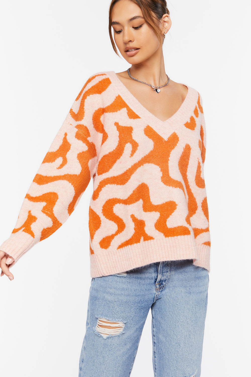 Abstract Print V-Neck Sweater Pink