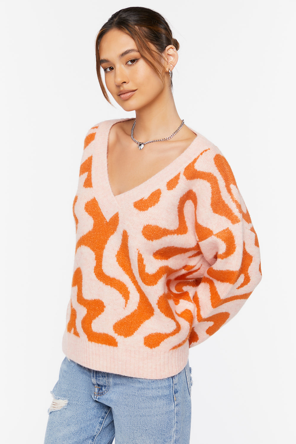 Abstract Print V-Neck Sweater Pink