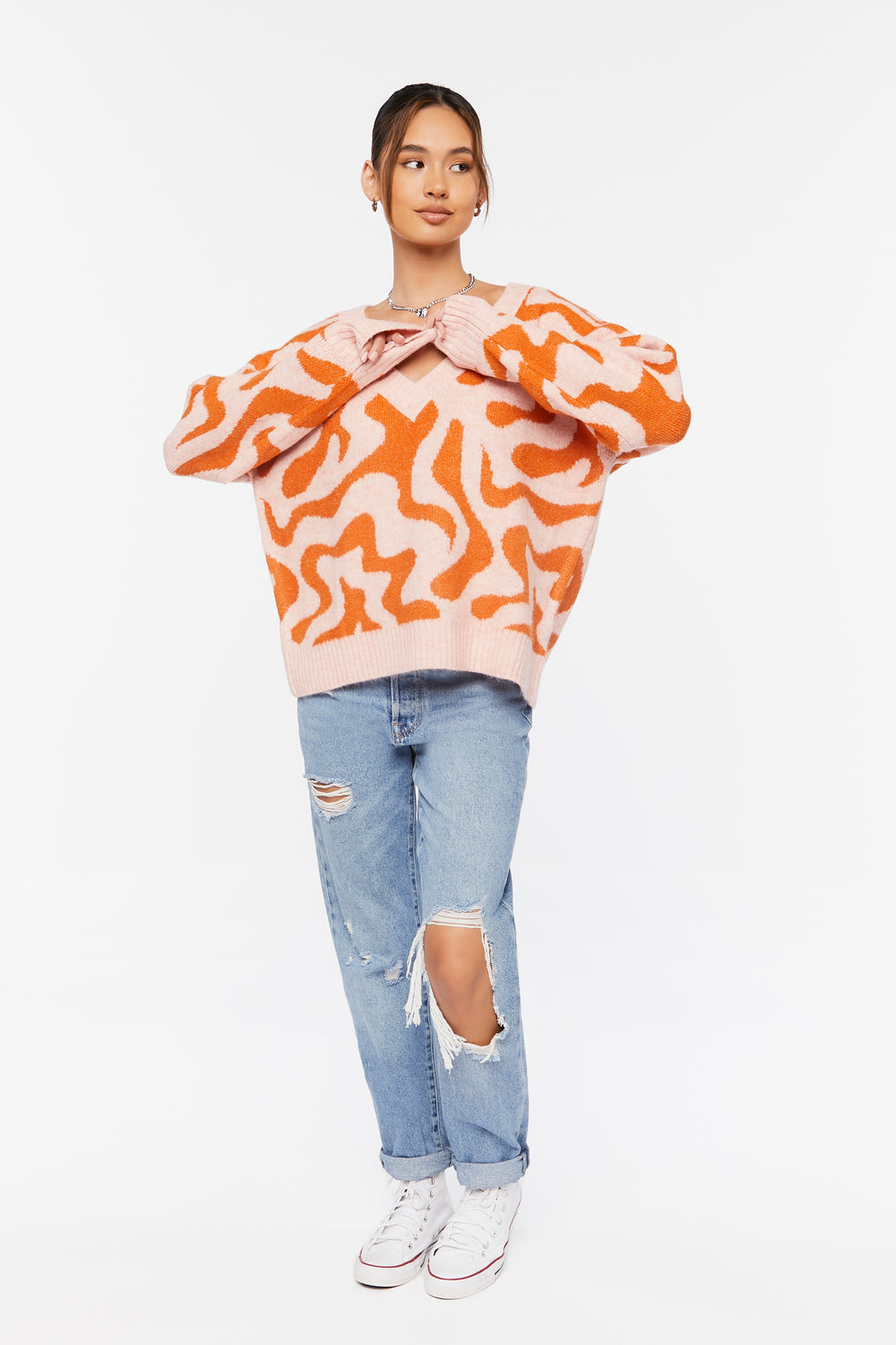 Abstract Print V-Neck Sweater Pink