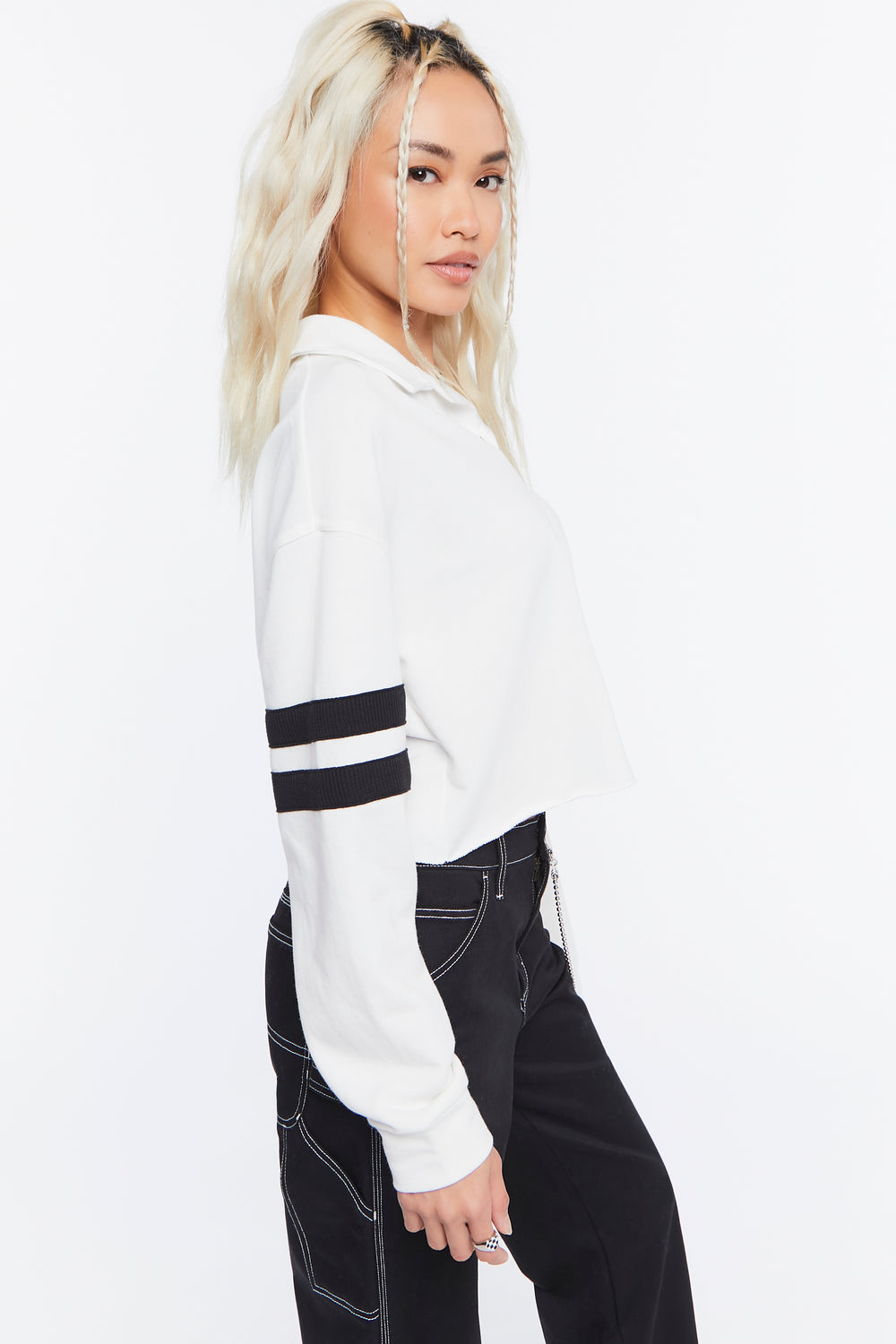 Cropped Varsity-Striped Pullover White