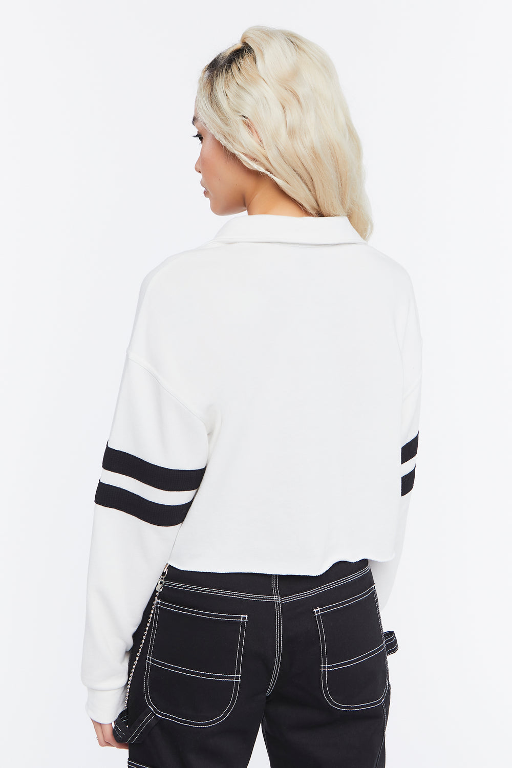 Cropped Varsity-Striped Pullover White