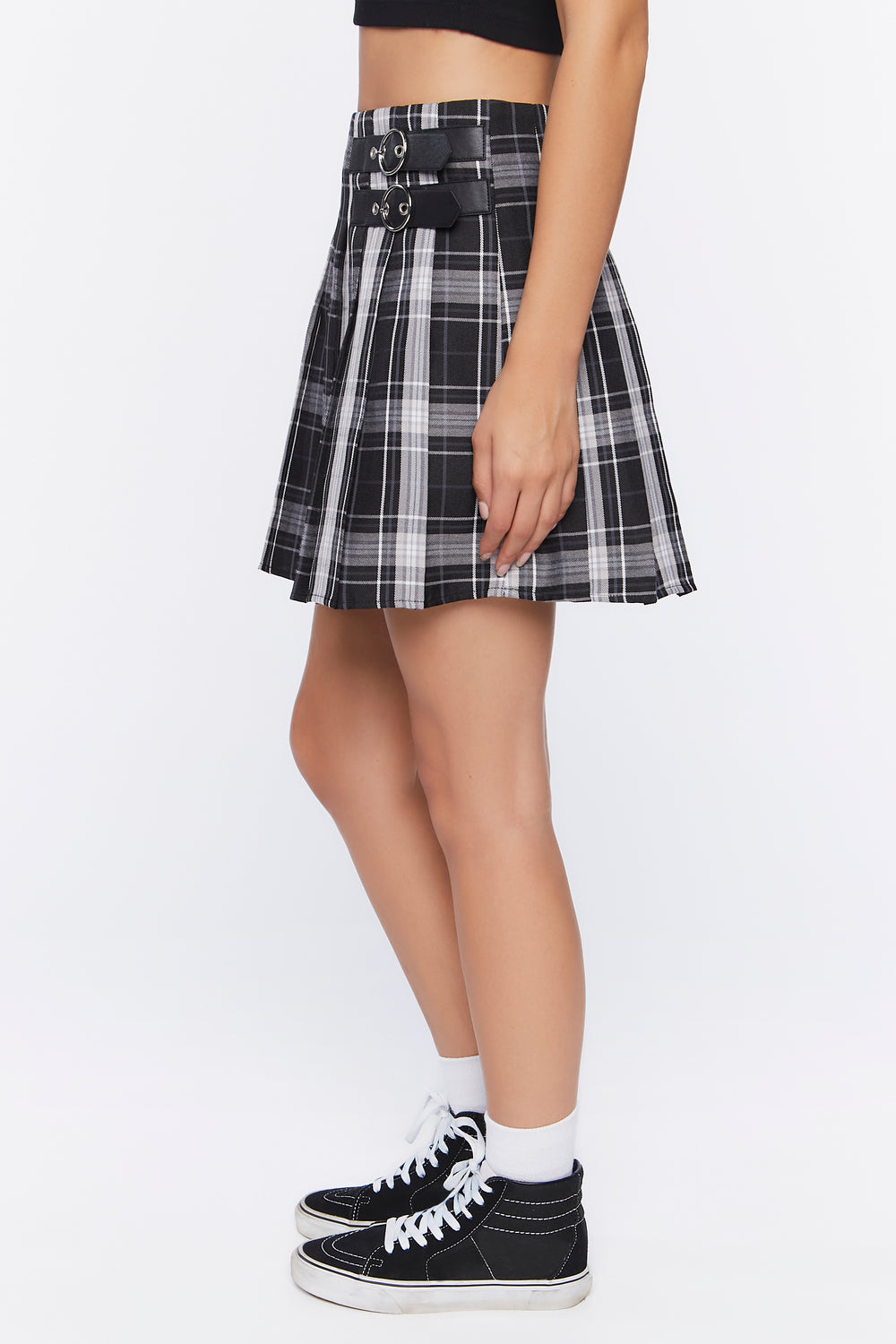 Dual-Buckle Pleated Plaid Skirt Black