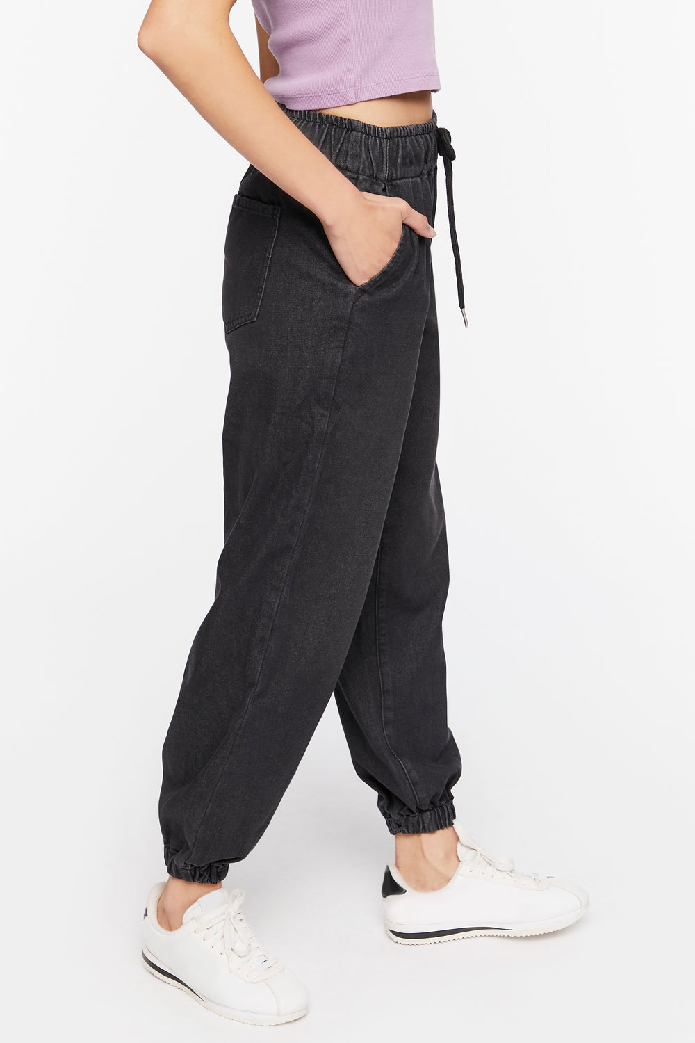 High-Rise Denim Drawstring Joggers Black