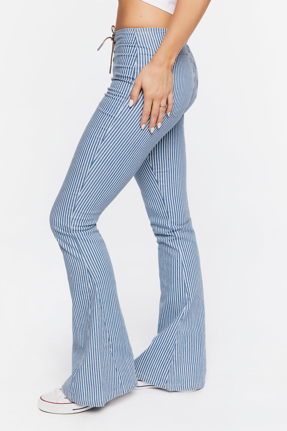 Pinstriped Low-Rise Flare Jeans Blue