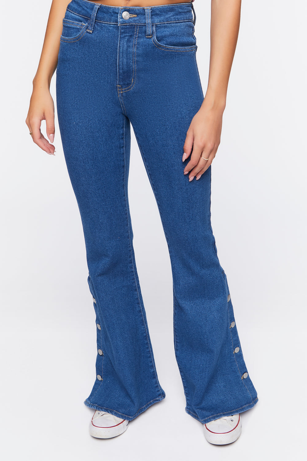 Button-Hem Flare Jeans Medium Blue