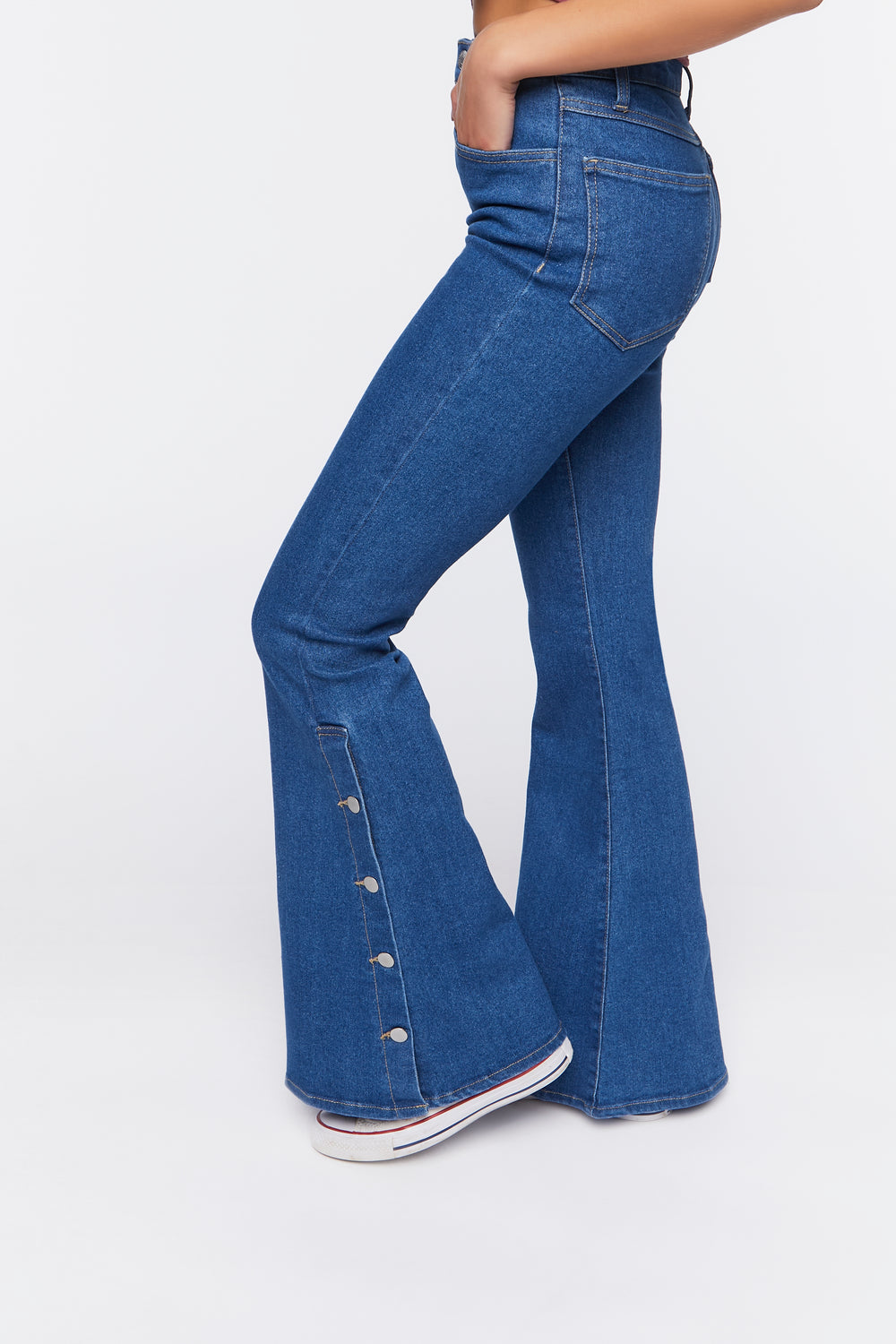 Button-Hem Flare Jeans Medium Blue