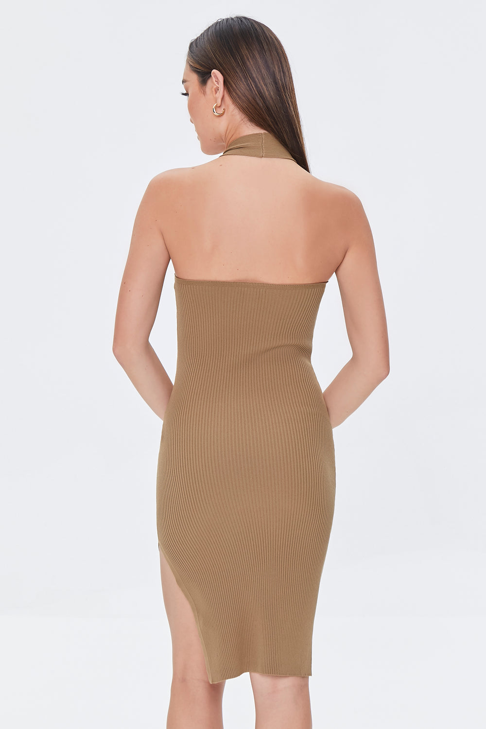 Ribbed Halter Sweater Dress Brown