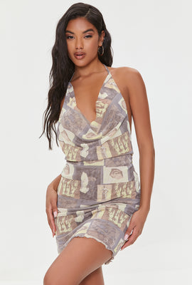 Link to Statue Print Halter Mini Dress Grey Blue